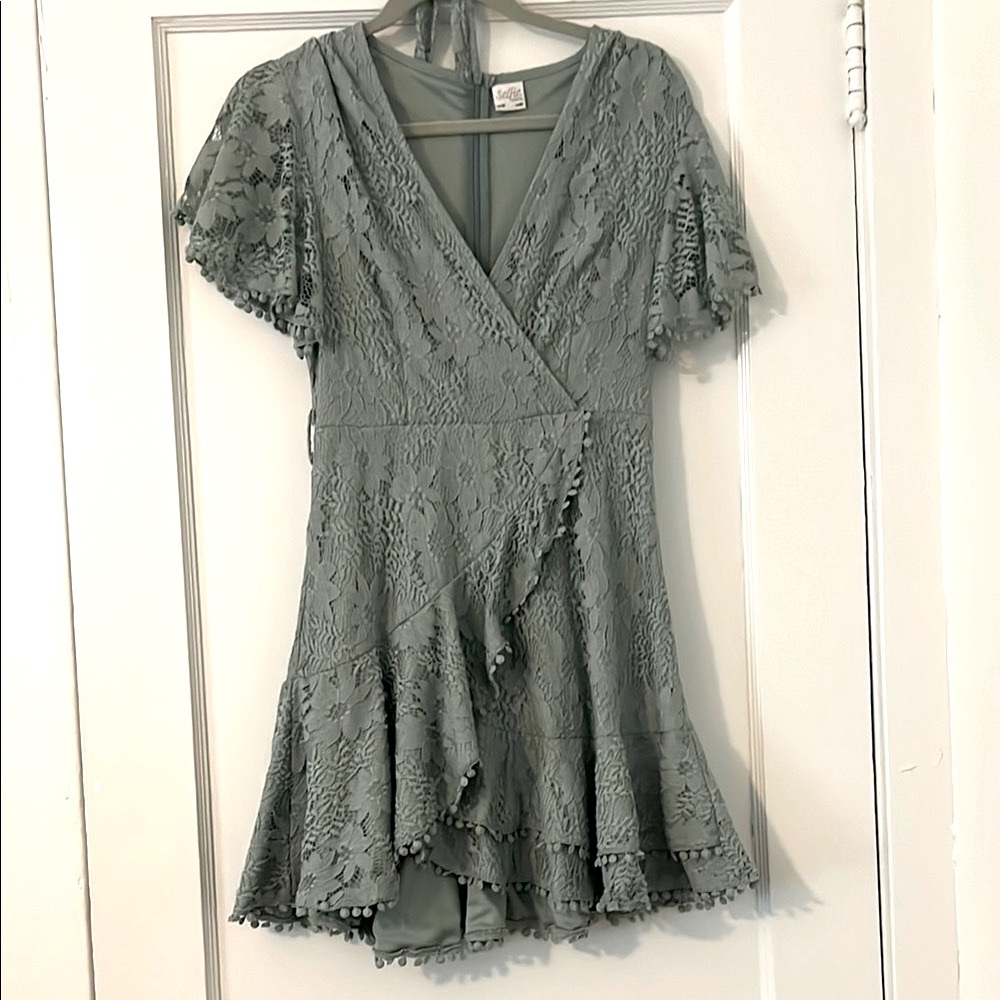 Elegant Lace Wrap Dress in Sage Green